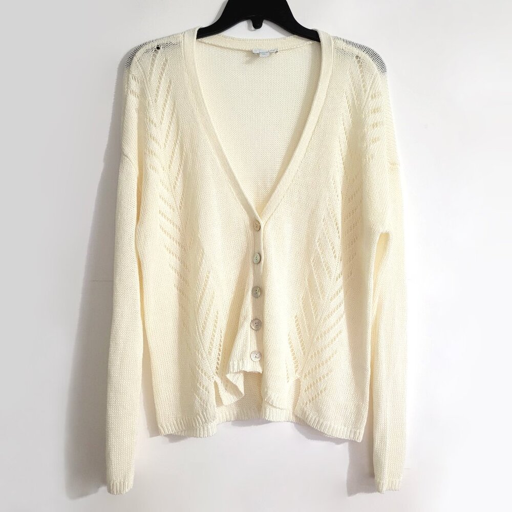 J Jill Womens Linen Blend Button Up Cardigan Size L Missy Ivory Cottagecore